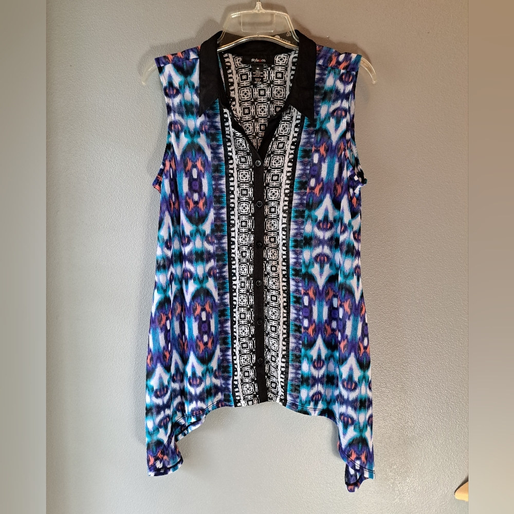Style & Co. Black, Blue, Multi Color Sleeveless Button-down Tank, Size Medium
